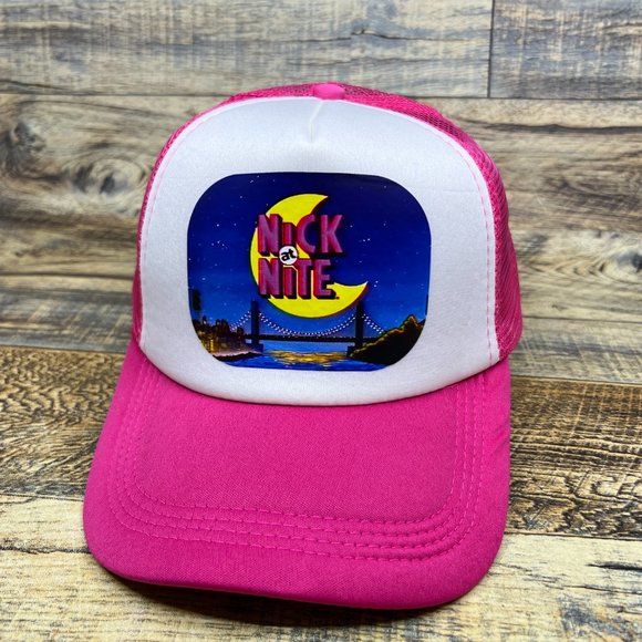 Nick At Nite Mens Trucker Hat Pink Snapback 90s Retro TV Throwback Logo Ball Cap - Picture 2 of 8